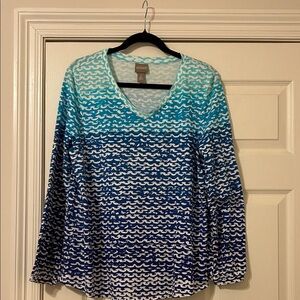 Chico's Teal and Navy Wave Pattern Blouse